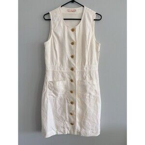 Tory Burch Linen Button Front Shift Dress Womens Size 8 Off White Ivory Pockets